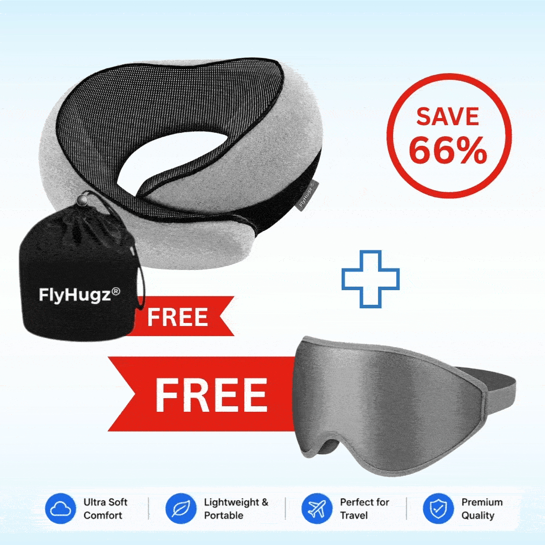The FlyHugz® travel pillow with a free sleep mask and free gift travel bag, saving up to 66 percent